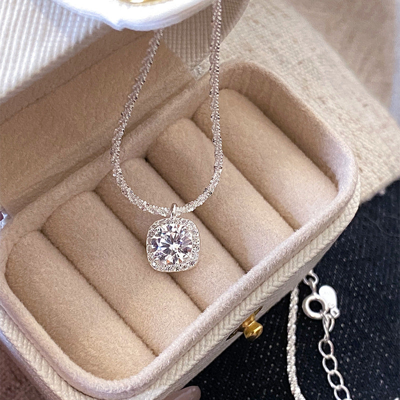 S925 Pure Silver Square Sparkling Zirconia Necklace Simple Square Sugar Collarbone Chain for Women