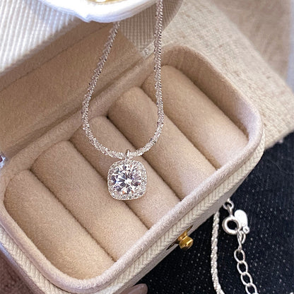 S925 Pure Silver Square Sparkling Zirconia Necklace Simple Square Sugar Collarbone Chain for Women