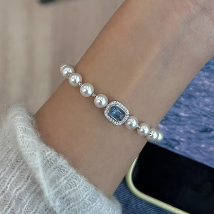 S925 Pure Silver Aquamarine High-Quality Faux Pearl Bracelet Bracelet for Women