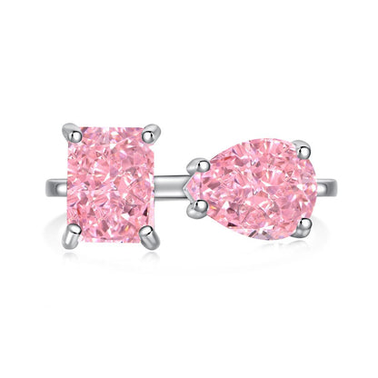 S925 Pure Silver Ring, Women's Water Droplet Fashion Diamond Arrangement, Peach Heart Square Diamond Pink High Carbon Diamond Ring