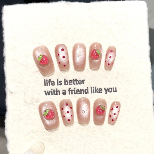 Strawberry Bobo Pure 3D Explosive Wave Dot Cat Eye Cute Short Nail Art