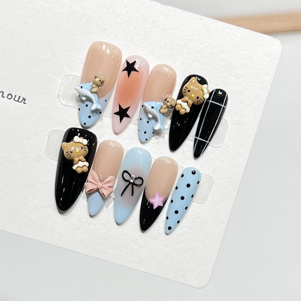 Wearing Handmade Nail, Sweet and Cool, Cute Red Cheeks, Dreamy Cartoon, Kitty Cat Detachable Nail Piece