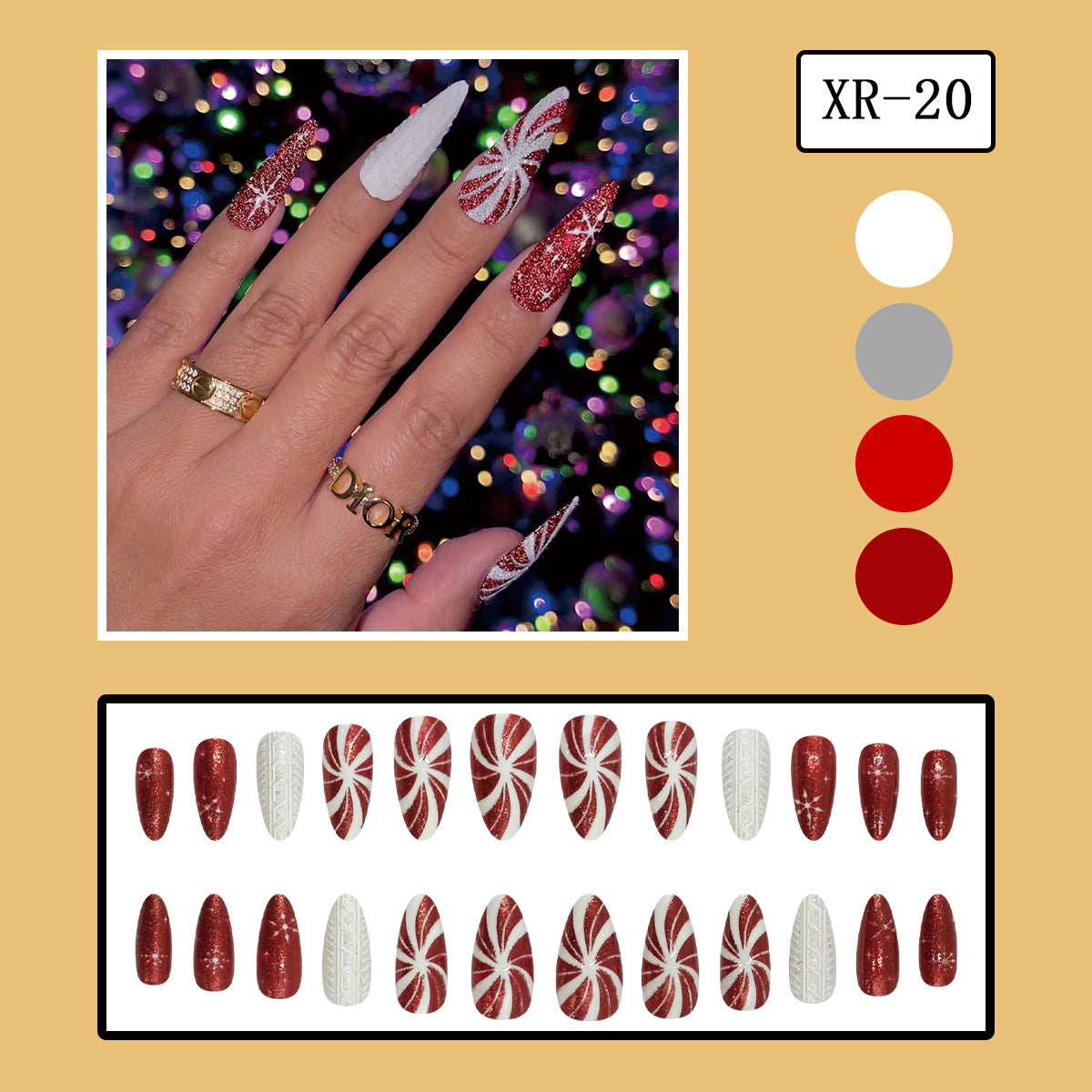 Christmas Red and White Spiral Snowflake 3D Sweater Pattern Sparkling Almond Wearing Nail Patch Fake Nail