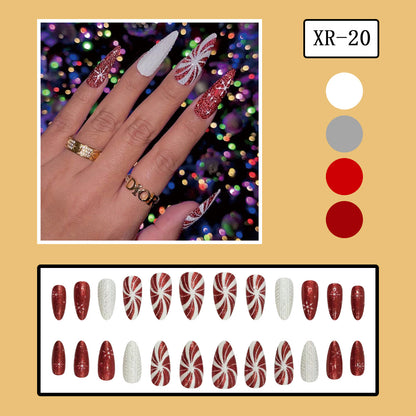 Christmas Red and White Spiral Snowflake 3D Sweater Pattern Sparkling Almond Wearing Nail Patch Fake Nail