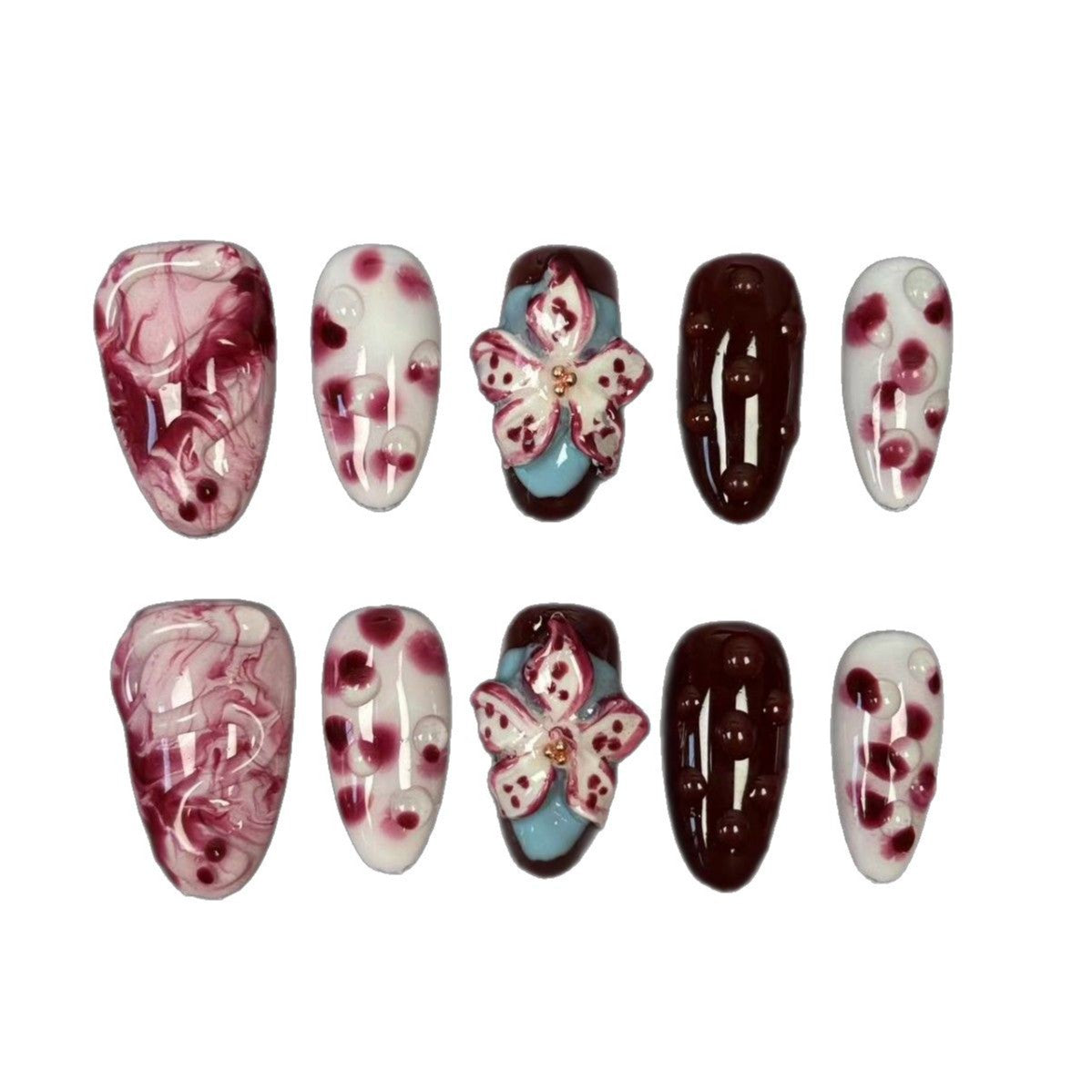 Handmade Wearing, Blending, Hand Drawn, Three-dimensional Carved, High-end Medium To Long Almond Shaped Nail Art Pieces