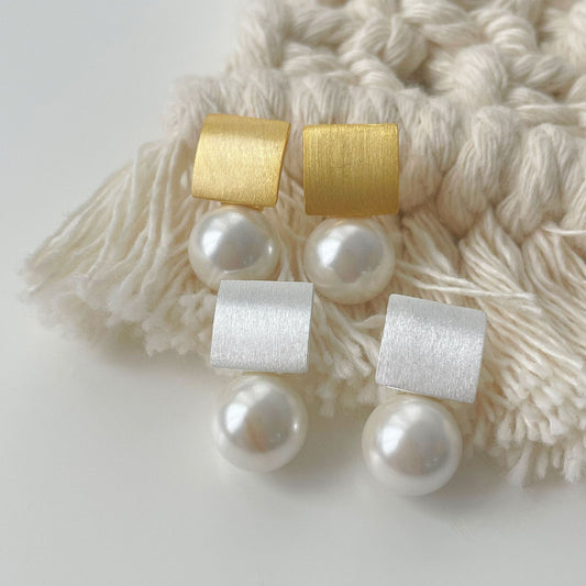 S925 Pure Silver Geometric Earrings French Retro Pearl Square Earrings