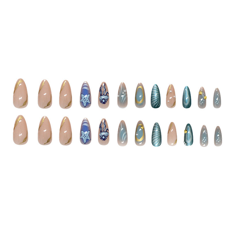 Deep Sea Fresh Blue Paired with Pearl Shells, Starfish, European and American Ins Style, Detachable Nail Art Pieces, Wearable Nail 24 Pieces