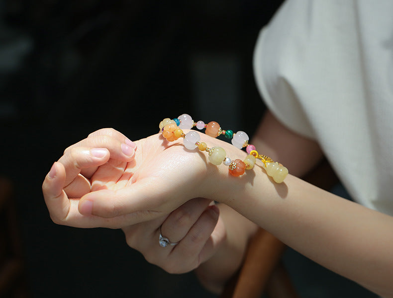 Natural Xinjiang Golden Silk Jade Bracelet Couple Style Ethnic Style Pumpkin Beads Bamboo Knot Hanging Gourd Yellow Jade Bracelet