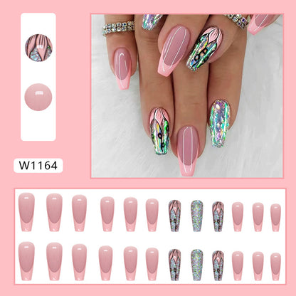 Medium To Long Style Sparkling Nail Art with Pink and Delicate Flowers, Sweet and Charming, Perfect for Teenage Girls To Wear