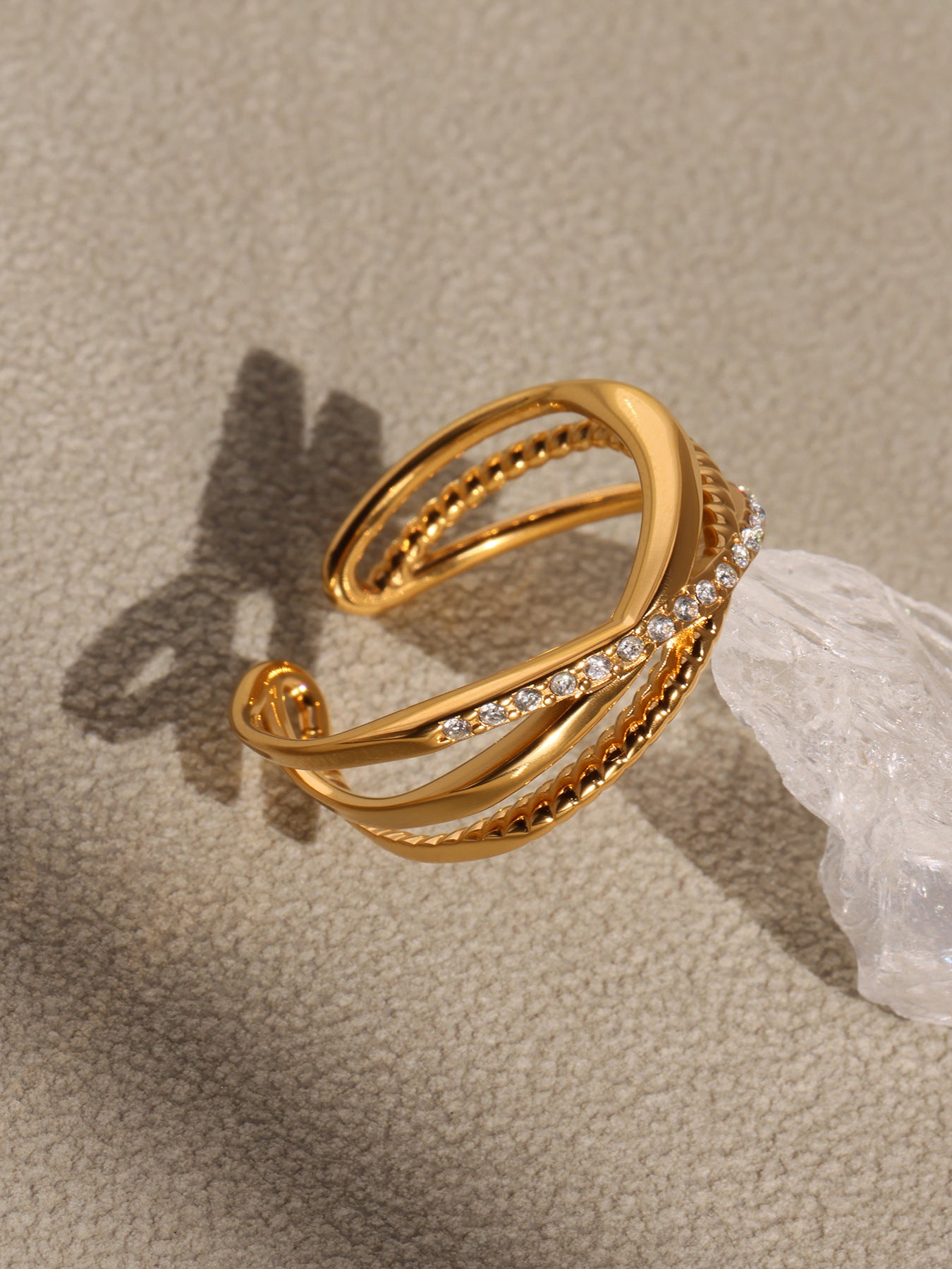 5A Zircon Ultra fine Three layer Ring Stainless Steel Vacuum Plated 18K Gold with Adjustable Opening