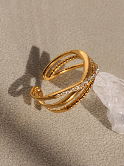 5A Zircon Ultra fine Three layer Ring Stainless Steel Vacuum Plated 18K Gold with Adjustable Opening