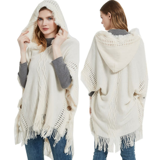 Autumn and Winter Shawl Knitted Sweater Button Hooded Cloak