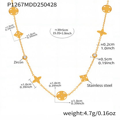 5A Round Bead Zircon Hollowed-out Lucky Four-leaf Flower Layered Necklace with 18K Gold Plated Accessories and Neck Chain