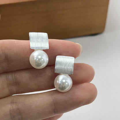 S925 Pure Silver Geometric Earrings French Retro Pearl Square Earrings