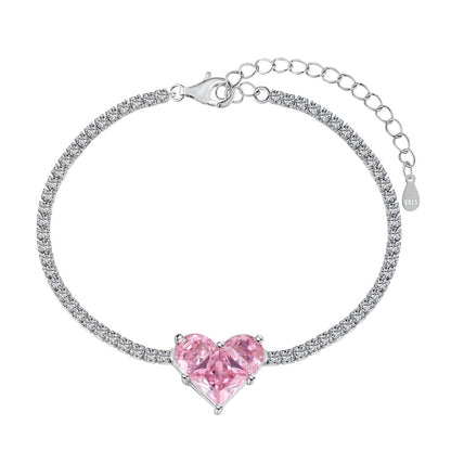 S925 Sterling Silver Bracelet for Women, Pink Heart-shaped Zircon Row Diamond
