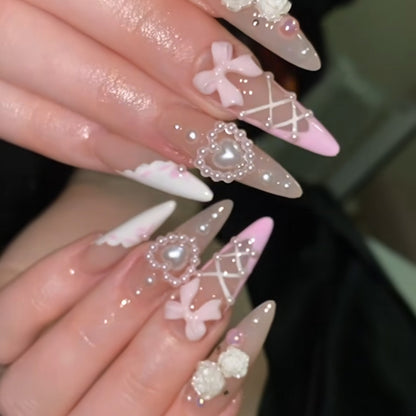 Dot Diamond Pearl Camellia Nail Art Fake Nail French White Sweet Bow Pearl Love Wearing Nail Flakes