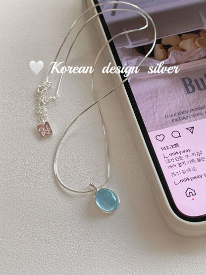 S925 Pure Silver AquamarineTreasure Necklace Pendant Snake Bone Chain Jewelry for Women