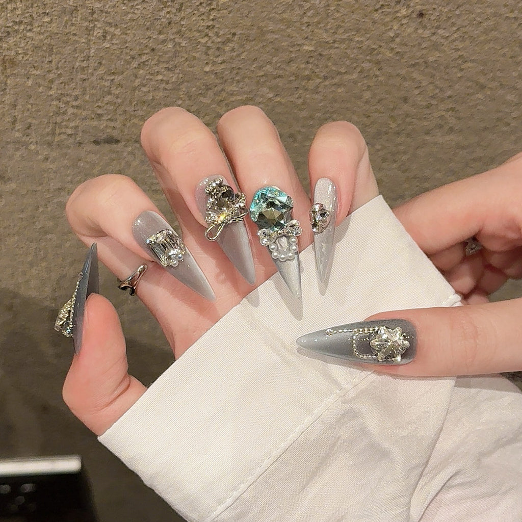 Uñas postizas de ojo de gato transparente hechas a mano en azul, lujosa armadura con diamantes 