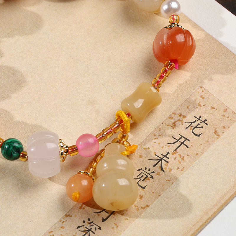 Natural Xinjiang Golden Silk Jade Bracelet Couple Style Ethnic Style Pumpkin Beads Bamboo Knot Hanging Gourd Yellow Jade Bracelet