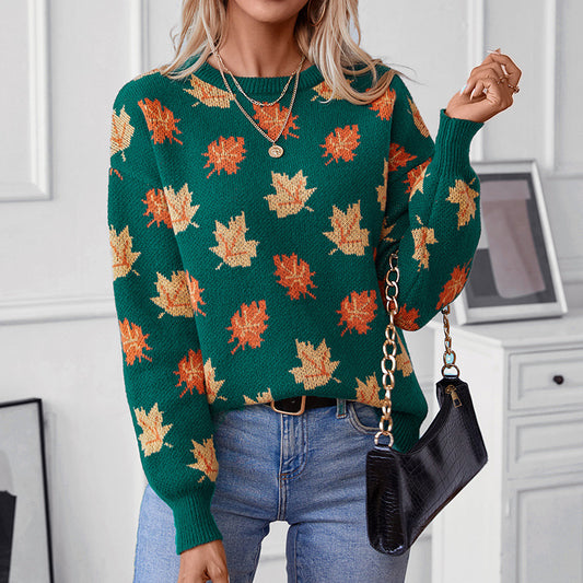 2024 Autumn and Winter Sweater Women's Maple Leaf Pattern Jacquard Casual Pullover Knitted Sweater Women's Clothing