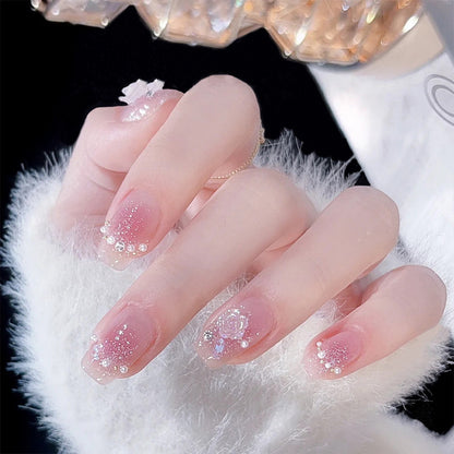Press On nails Gentle Camellia Manicure Patch powder blusher pearl romantic rose false nail
