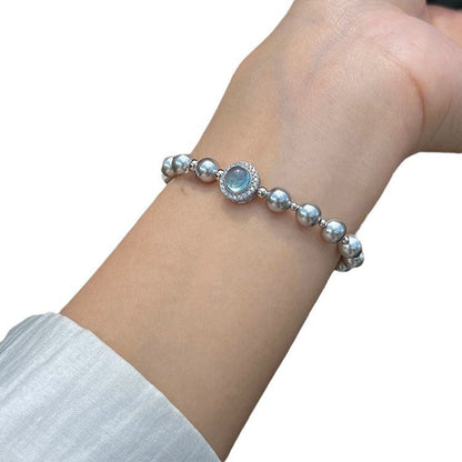 925 Sterling Silver Aquamarine Faux Pearl Bracelet, Women's Exquisite Bracelet Accessory