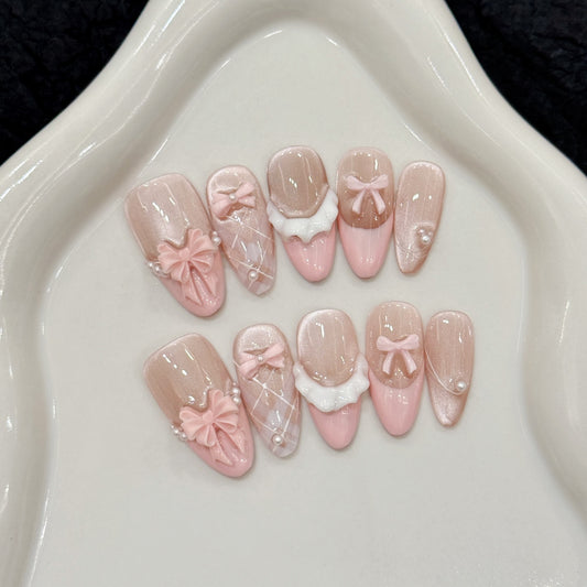 French Cat Eye Pink Butterfly Ice Transparent White Handmade Wearing Armor