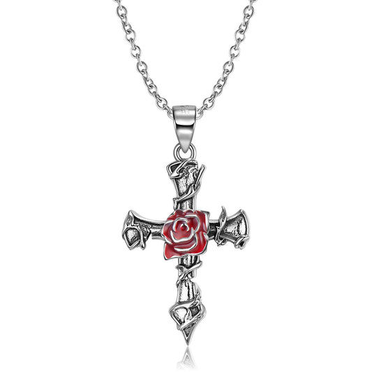 S925 Sterling Silver Jewelry, Thorny Rose Cross Necklace, Fashionable and Versatile Sweater Chain, Chain Lock, Bone Chain