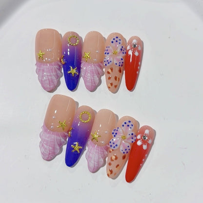 100% Handmade Press On Nails Medium To Long Almond Shaped Armor with Multi Colored Three-dimensional Carved Shells and Starfish