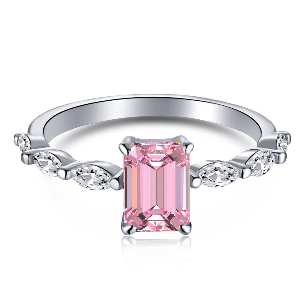 S925 Pure Silver Ring, Women's Water Droplet Fashion Diamond Arrangement, Peach Heart Square Diamond Pink High Carbon Diamond Ring