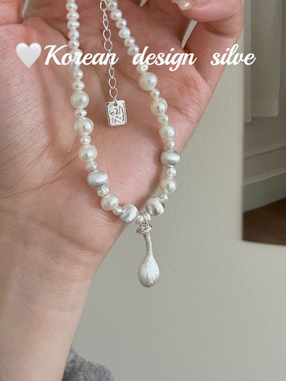 S925 Sterling Silver Brushed Water Droplet Pearl Necklace, Layered and High-end for Women