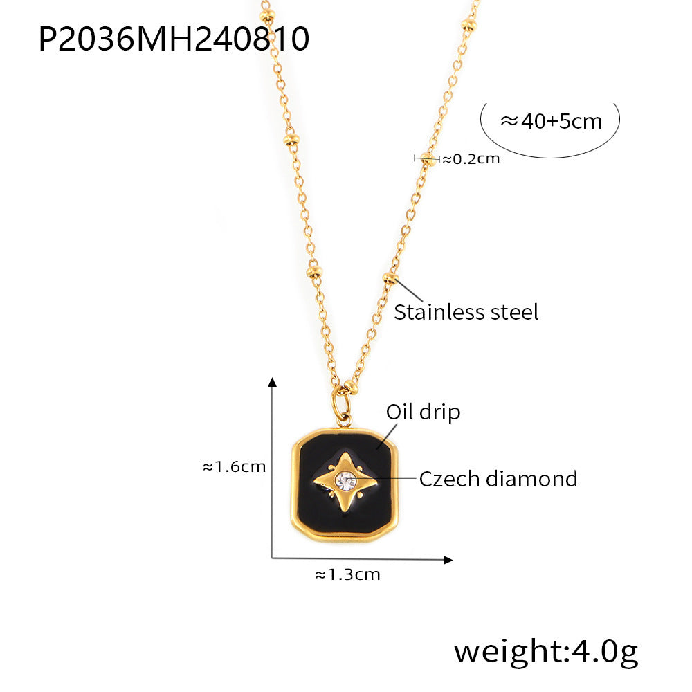 Black Acrylic Oil Dripping Diamond Studded Star Square Necklace Stainless Steel Gold-plated