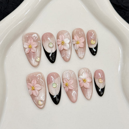 Pink Handmade Carved Armor, Simple and Exquisite Cat Eye, French Almond