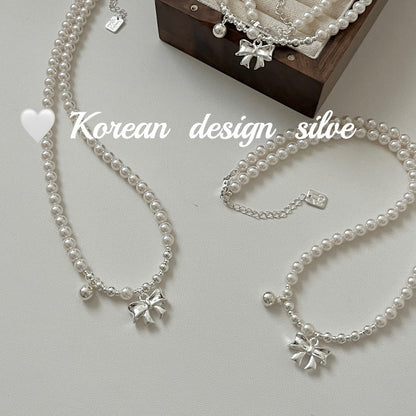 S925 Sterling Silver High-quality Crystal Pearl Bow Bead Necklace