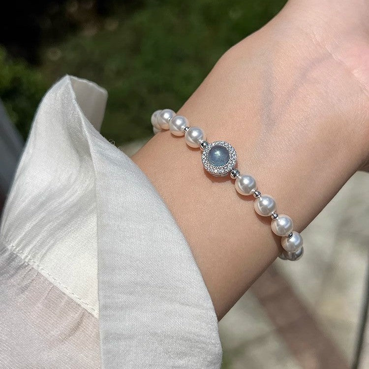 925 Sterling Silver Aquamarine Faux Pearl Bracelet, Women's Exquisite Bracelet Accessory