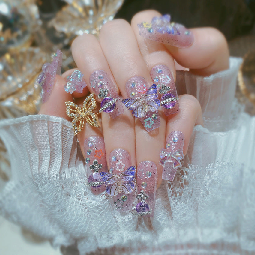 Handmade Wearing Armor Piece Purple Explosion Flash 3D Butterfly Aurora Planet Detachable Fake Nail