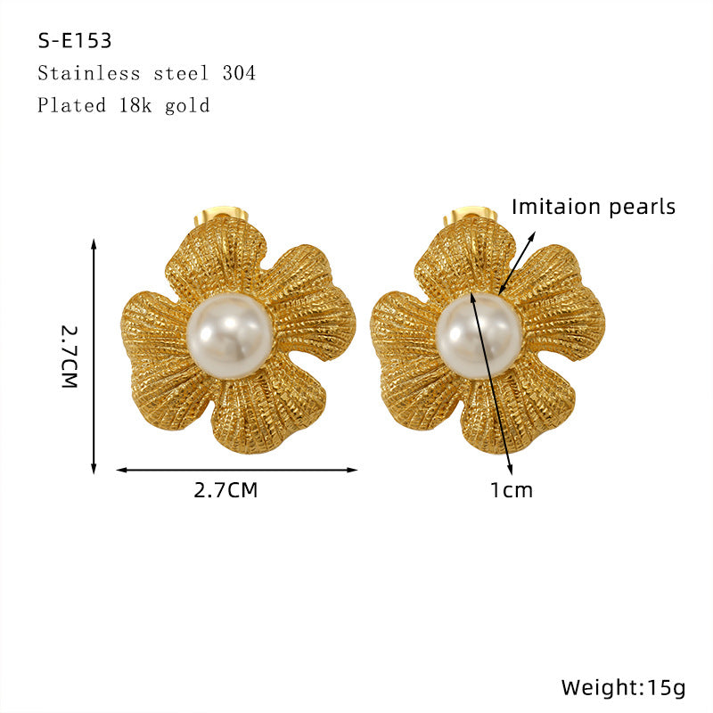Pendientes de acero de titanio de estilo vintage, pendientes en forma de pétalo con baño de oro de 18 quilates y incrustaciones de perlas para mujer