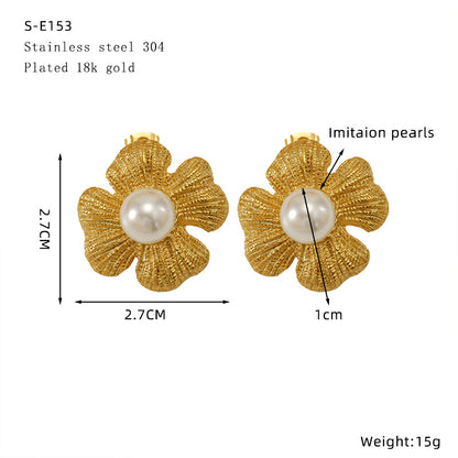 Vintage Style Titanium Steel Earrings 18k Gold-plated Petal Shaped Earrings Inlaid with Pearl Earrings for Women