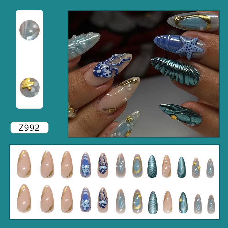 Deep Sea Fresh Blue Paired with Pearl Shells, Starfish, European and American Ins Style, Detachable Nail Art Pieces, Wearable Nail 24 Pieces