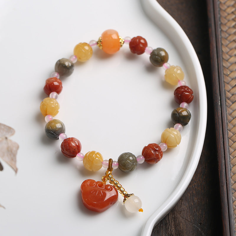 Natural Xinjiang Golden Silk Jade Bracelet Couple Style Ethnic Style Pumpkin Beads Bamboo Knot Hanging Gourd Yellow Jade Bracelet