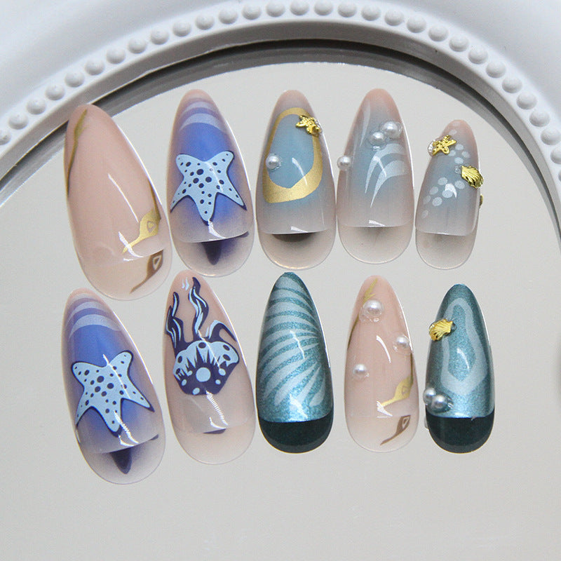 Deep Sea Fresh Blue Paired with Pearl Shells, Starfish, European and American Ins Style, Detachable Nail Art Pieces, Wearable Nail 24 Pieces