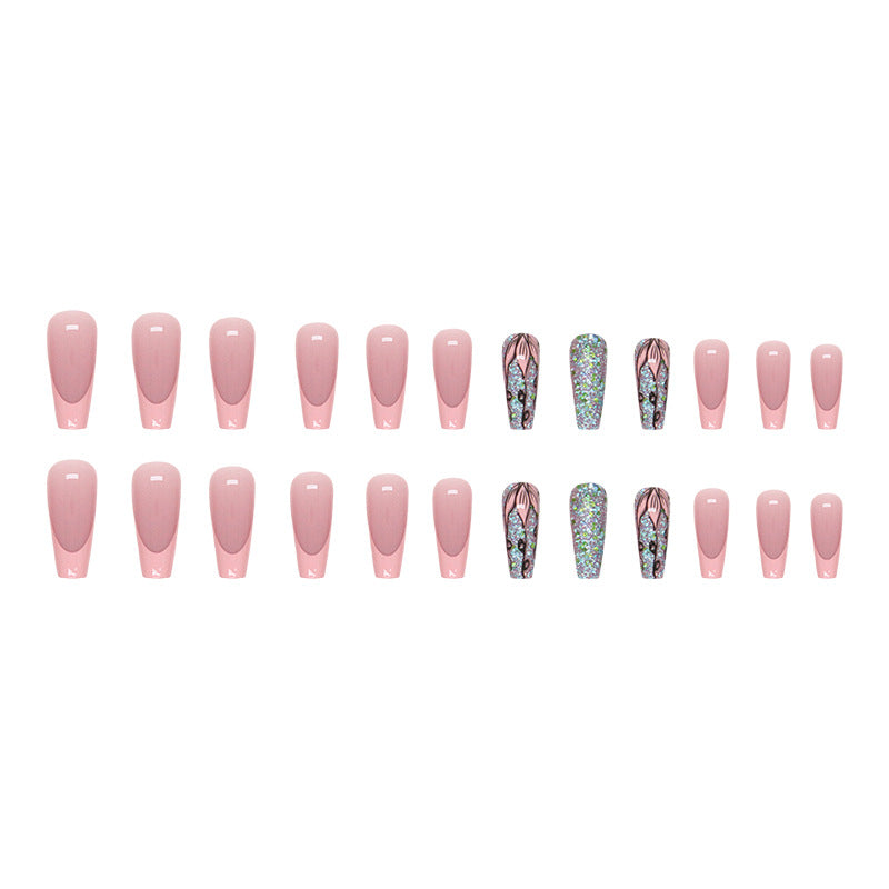 Medium To Long Style Sparkling Nail Art with Pink and Delicate Flowers, Sweet and Charming, Perfect for Teenage Girls To Wear