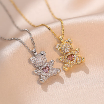 Cute Little Bear Necklace, Heart-shaped Hug, Bear Pink, Micro Inlaid Zircon, Simple and Adjustable Collarbone Chain