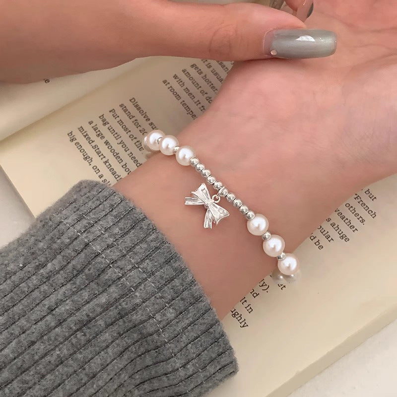 S925 Sterling Silver Bow Premium Imitation Pearl Bracelet, Sweet and Girly Heart for Women