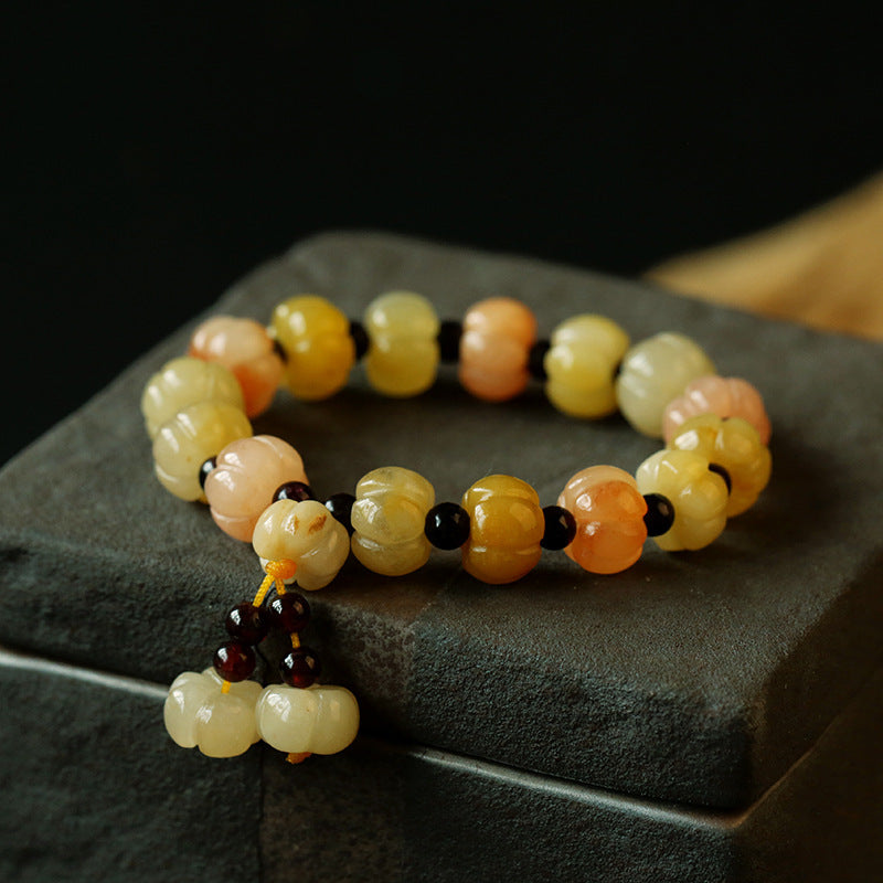 Natural Xinjiang Golden Silk Jade Bracelet Couple Style Ethnic Style Pumpkin Beads Bamboo Knot Hanging Gourd Yellow Jade Bracelet