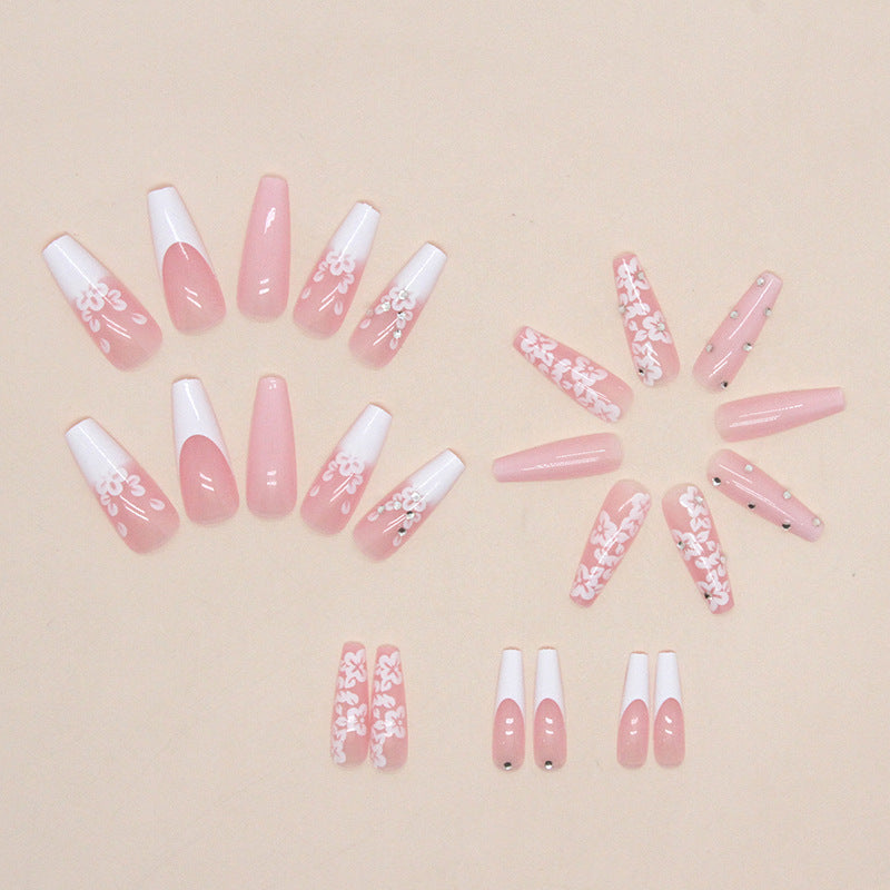 Long Ballet Nail Diamond Nail White Long French Fake Nail Sweet Wearing Nail