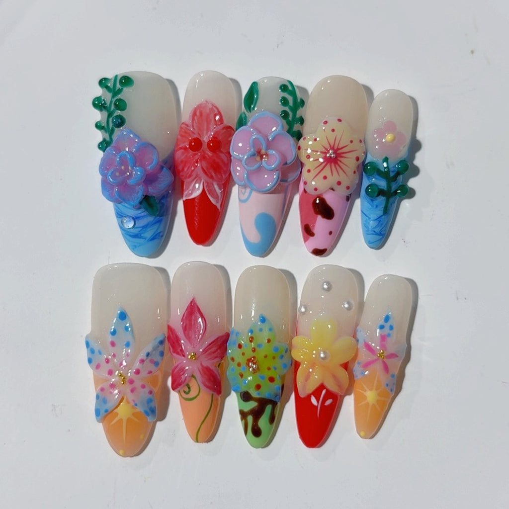 100% Handmade Press On Nail Art Clear Flower Carving Gradient French Ice Transparent High-end