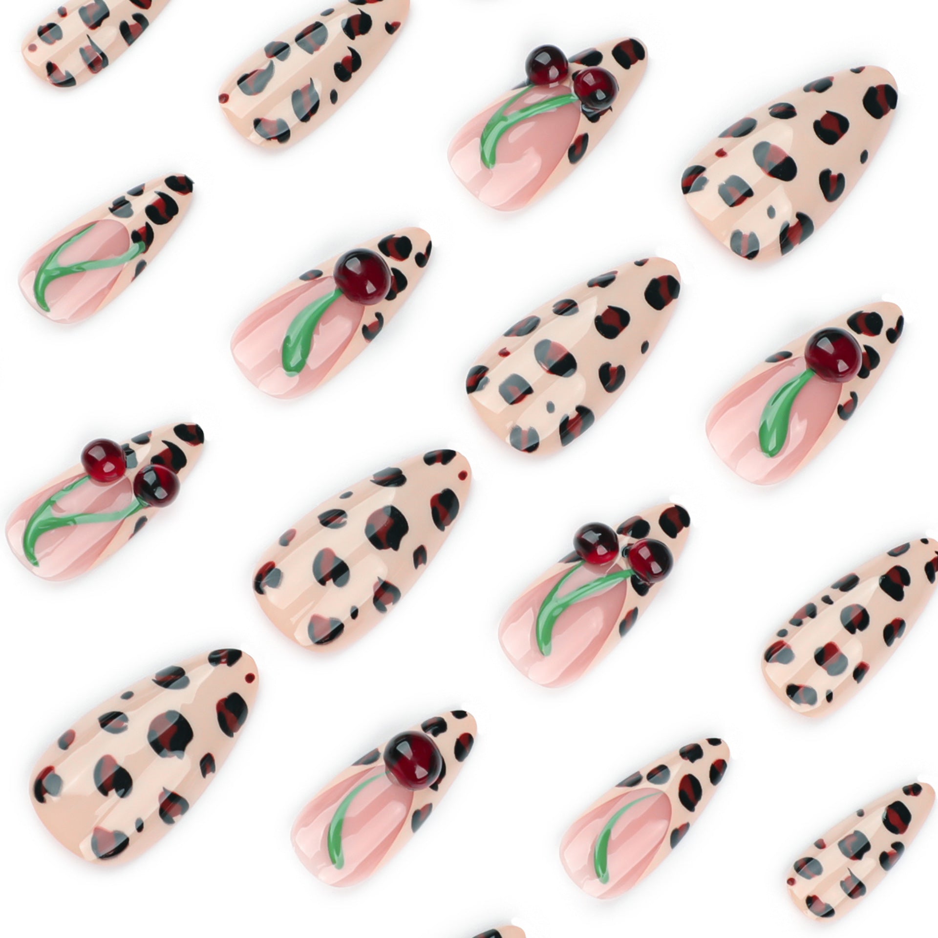 Winter Leopard Print Wearable Nail, Three-dimensional Cherry Nail Art, French Wearable Nail Piece