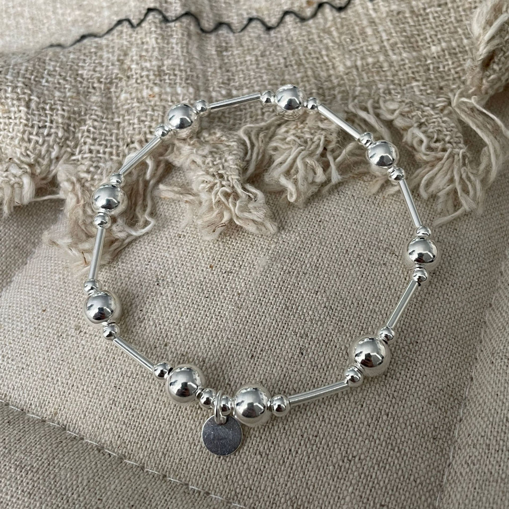 S925 Sterling Silver Round Bead Bracelet with Fine Lines and Elastic Bracelet