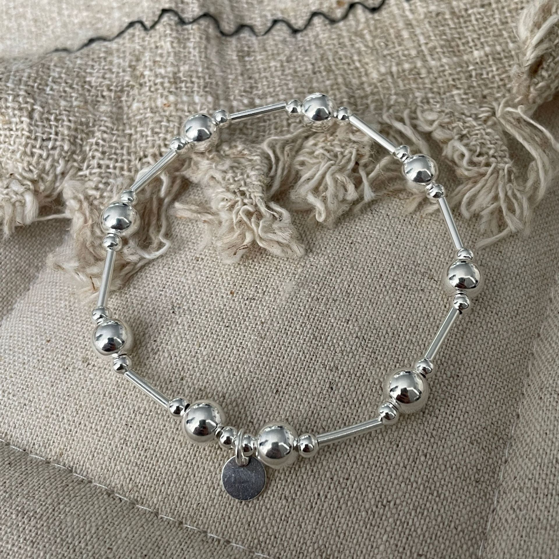 S925 Sterling Silver Round Bead Bracelet with Fine Lines and Elastic Bracelet